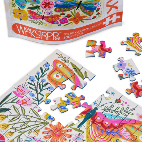 Art by Kenzie Kae Elston, Butterly Floral 100 piece puzzle snax, artist designed puzzles, puzzles for beginners, jigsaw puzzles for kids