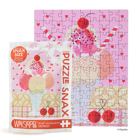 Art by Magrikie Berg, Cherry Sundae 100 piece puzzle, ice cream puzzle for kids, artist designed puzzles