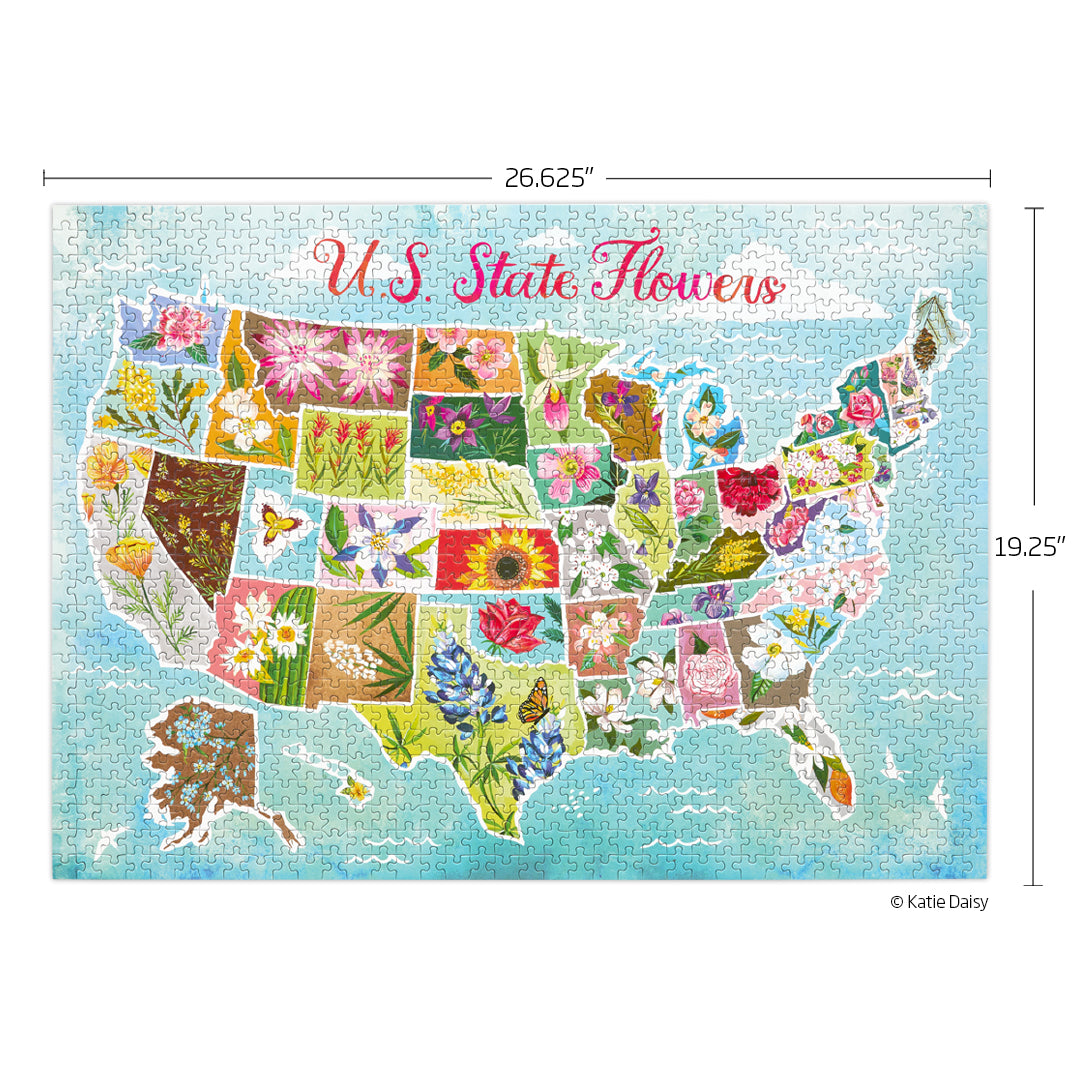 Art by Katie Daisy, US state flowers 1000 piece jigsaw puzzle, artist designed puzzles, unique puzzles