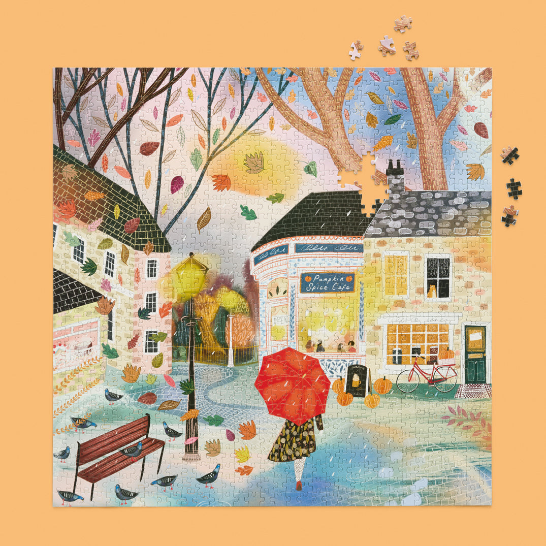 Art by Maria Taylor, pumpkin spice cafe, fall scene jigsaw puzzle, artist designed puzzles, unique puzzles, 1000 piece puzzle