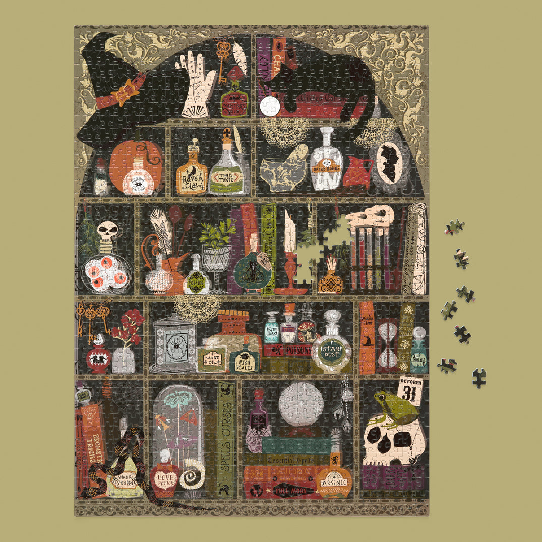 Agatha's Apothecary 1000 Piece Puzzle, art by helen black, jigsaw puzzle, 100% recycled & non-toxic, puzzle gifts, halloween,
artist designed puzzles, unique puzzles