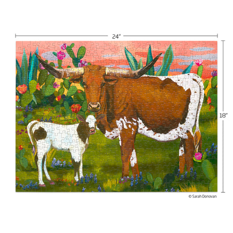 Art by Sarah Donovan, American longhorns puzzle, cows, artist designed puzzles, unique puzzles