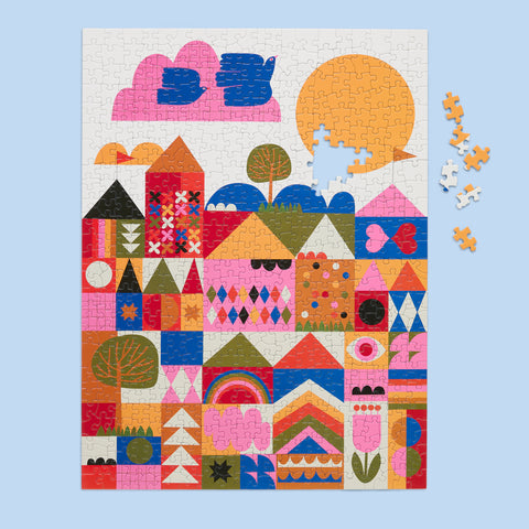 Art by Lisa Congdon, happy town, puzzle lovers, 500 piece puzzles online, jigsaw puzzles, vibrant artist designed puzzle