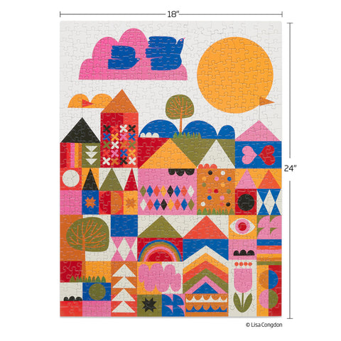 Art by Lisa Congdon, happy town, puzzle lovers, 500 piece puzzles online, jigsaw puzzles, vibrant artist designed puzzle
