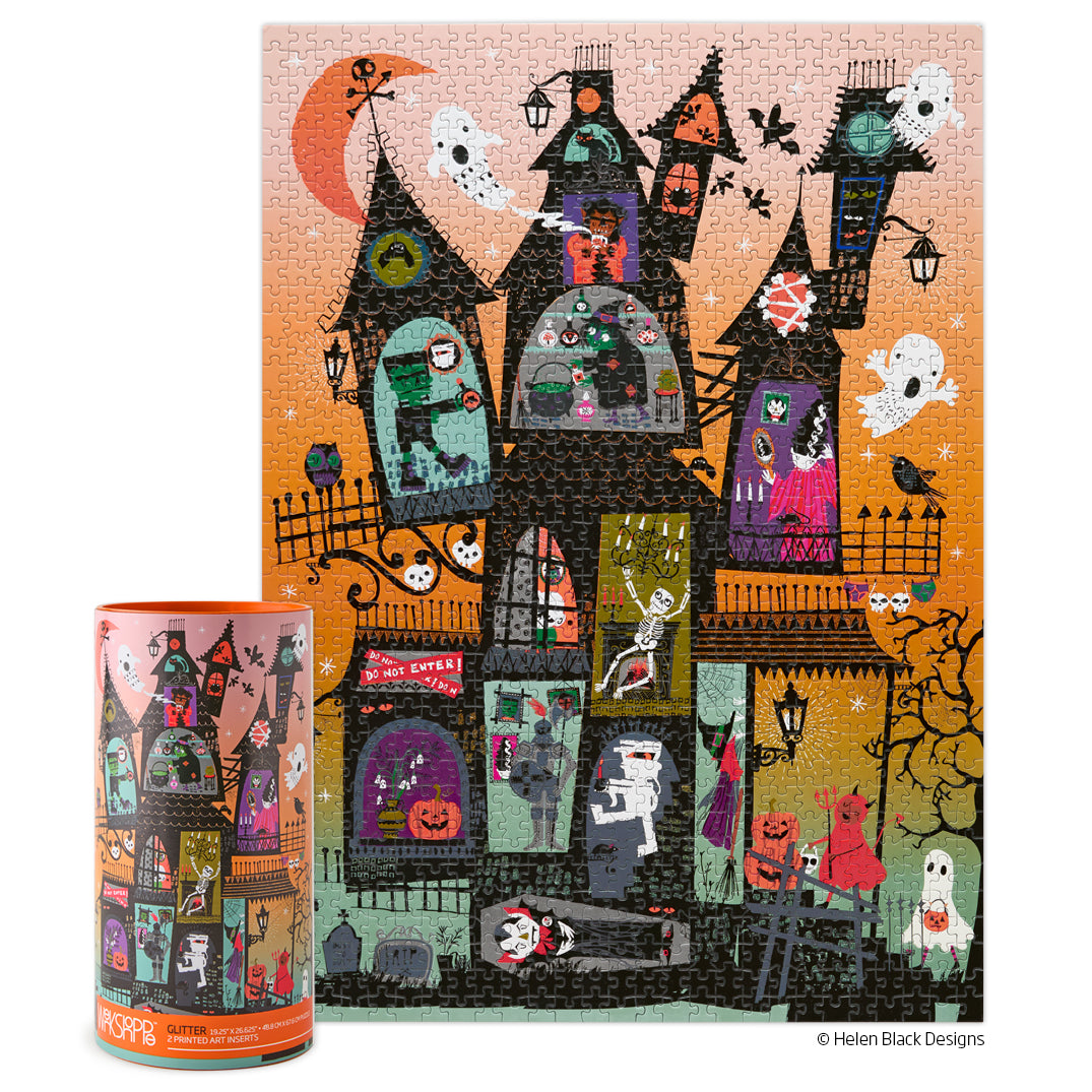 Haunted House 1000 Piece Puzzle, art by helen black, halloween puzzle, spooky scene, skeletons, ghosts, artist designed puzzles, unique puzzles