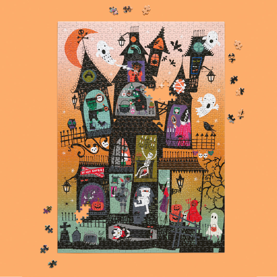 Haunted House 1000 Piece Puzzle, art by helen black, halloween puzzle, spooky scene, skeletons, ghosts, artist designed puzzles, unique puzzles
