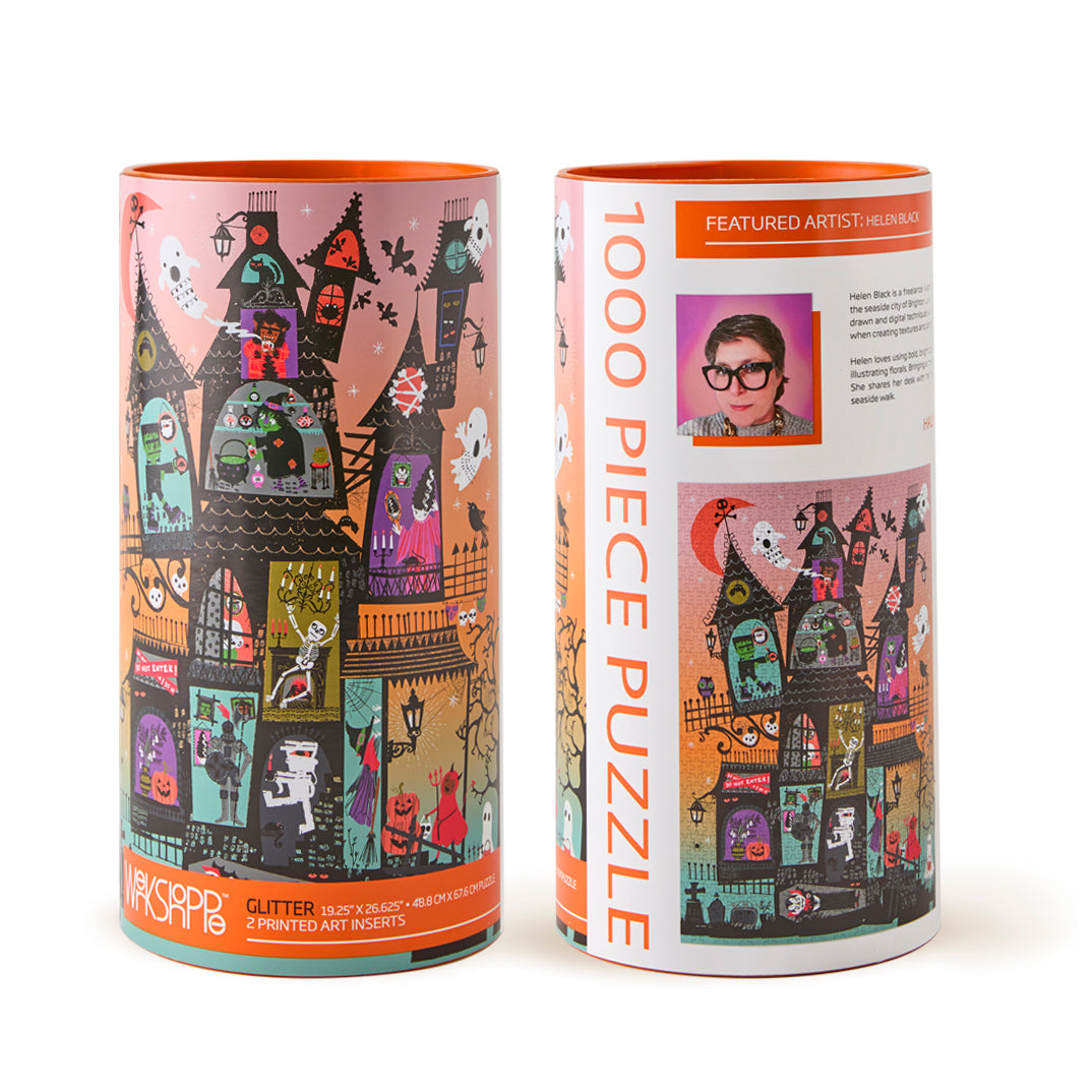 Haunted House 1000 Piece Puzzle, art by helen black, halloween puzzle, spooky scene, skeletons, ghosts, artist designed puzzles, unique puzzles