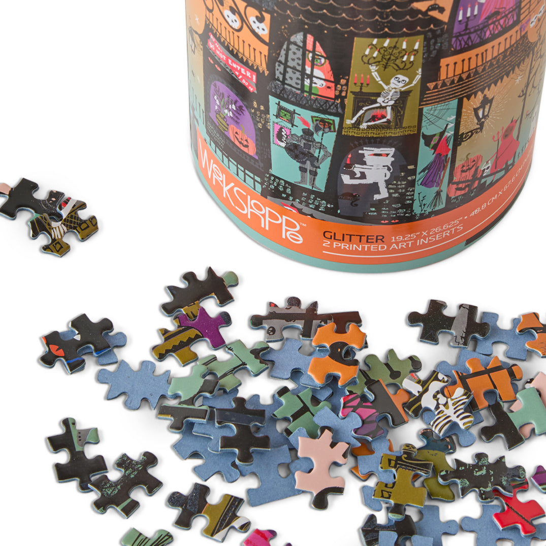 Haunted House 1000 Piece Puzzle, art by helen black, halloween puzzle, spooky scene, skeletons, ghosts, artist designed puzzles, unique puzzles