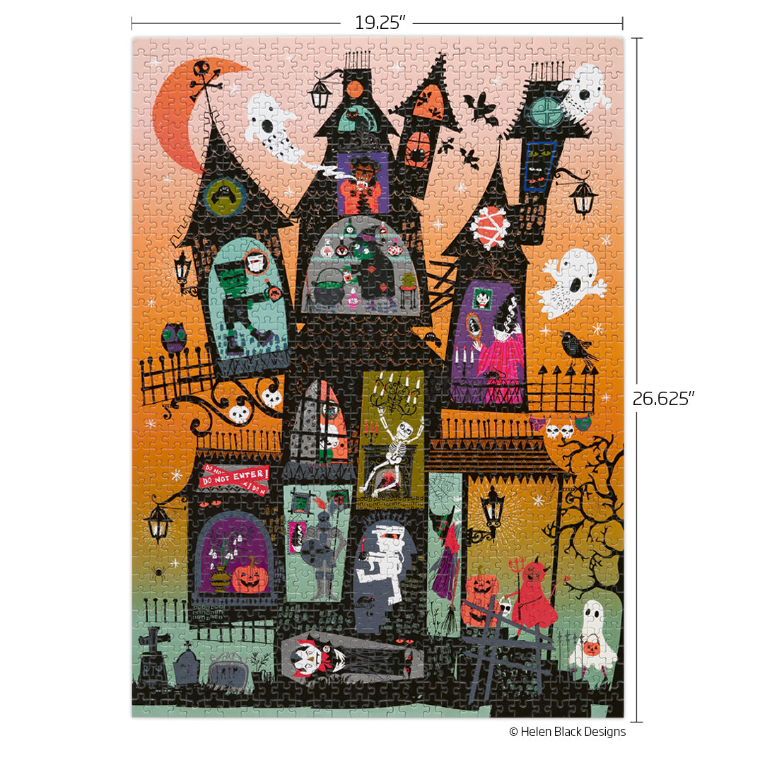 Haunted House 1000 Piece Puzzle, art by helen black, halloween puzzle, spooky scene, skeletons, ghosts, artist designed puzzles, unique puzzles