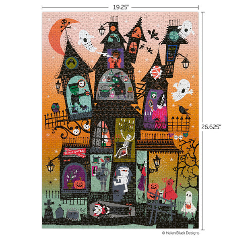 Haunted House 1000 Piece Puzzle, art by helen black, halloween puzzle, spooky scene, skeletons, ghosts, artist designed puzzles, unique puzzles