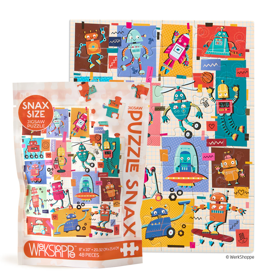Robots 48 Piece Puzzle Snax, colorful robot puzzle for kids, travel size puzzles, gifts for kids