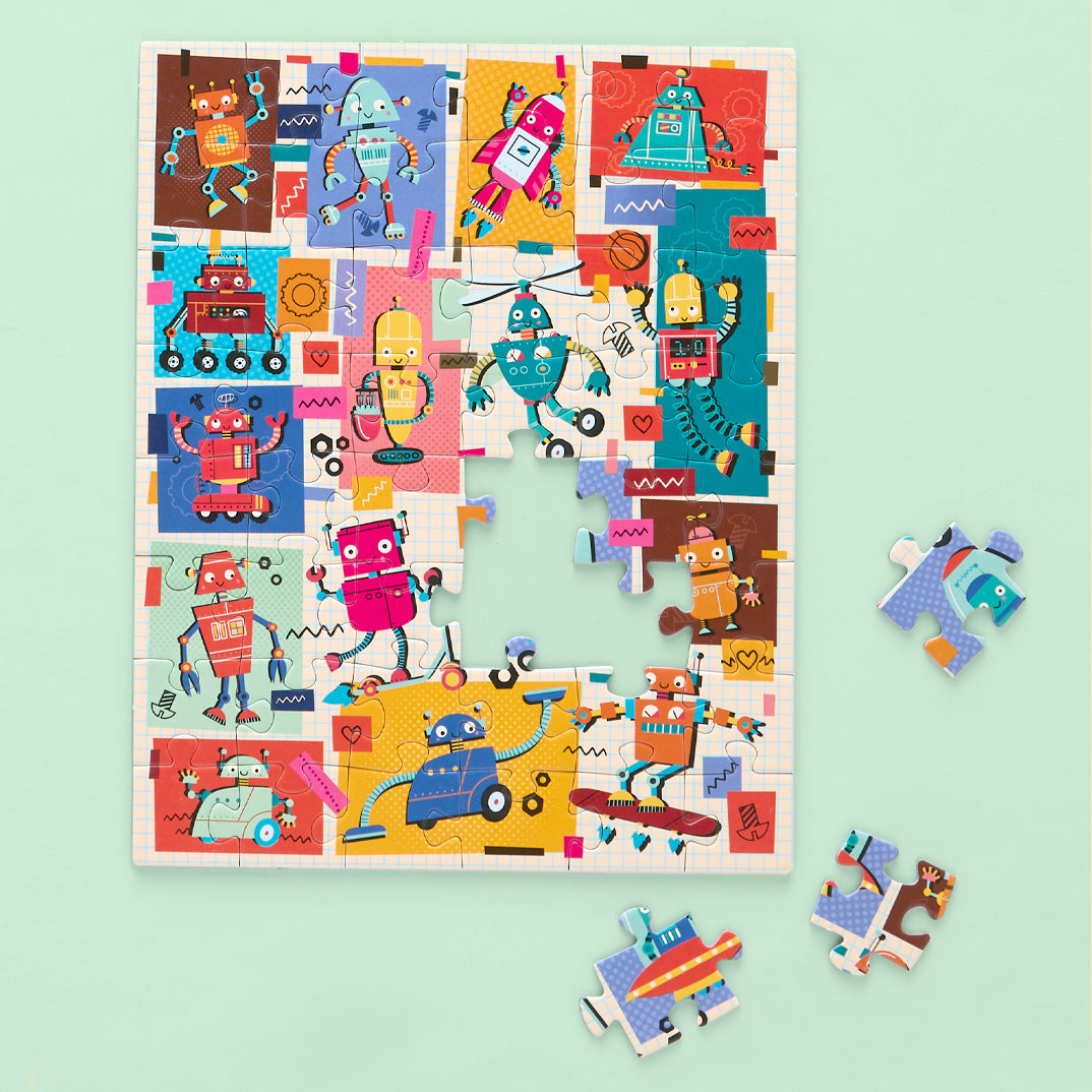 Robots 48 Piece Puzzle Snax, colorful robot puzzle for kids, travel size puzzles, gifts for kids