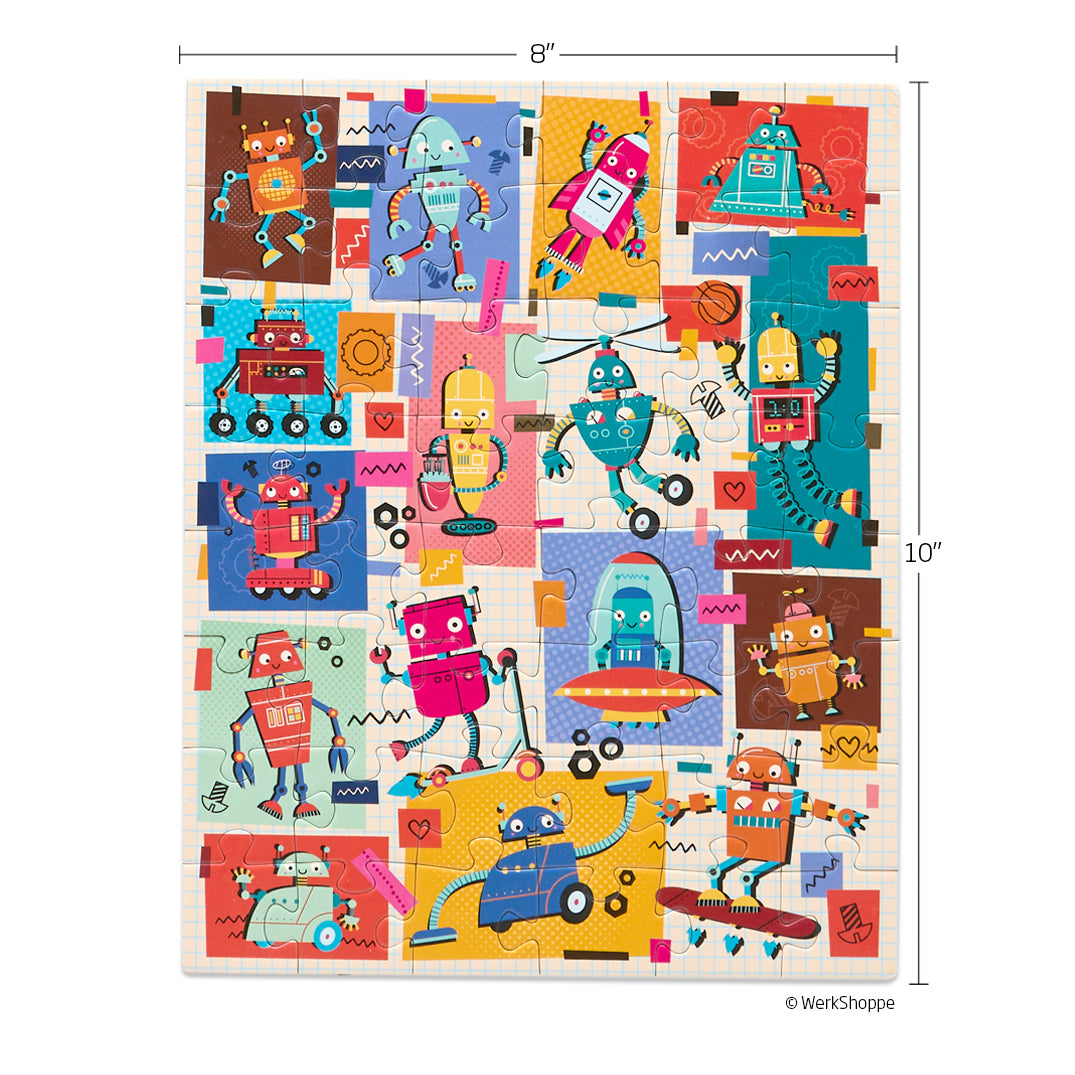 Robots 48 Piece Puzzle Snax, colorful robot puzzle for kids, travel size puzzles, gifts for kids
