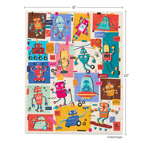 Robots 48 Piece Puzzle Snax, colorful robot puzzle for kids, travel size puzzles, gifts for kids