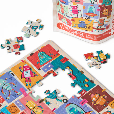 Robots 48 Piece Puzzle Snax, colorful robot puzzle for kids, travel size puzzles, gifts for kids
