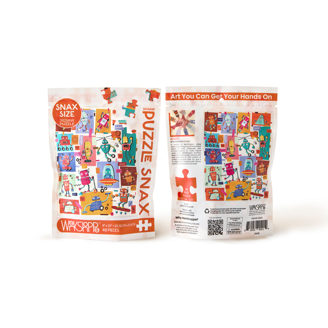Robots 48 Piece Puzzle Snax, colorful robot puzzle for kids, travel size puzzles, gifts for kids