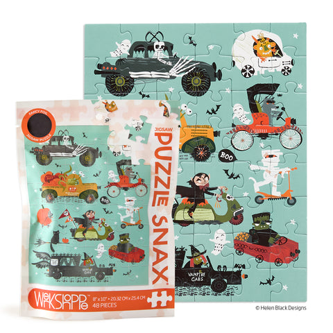 Monster Cars 48 Piece Puzzle Snax, art by helen black, vampires, ghosts, halloween puzzle, travel jigsaw puzzle for kids