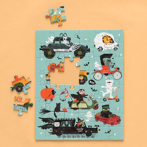 Monster Cars 48 Piece Puzzle Snax, art by helen black, vampires, ghosts, halloween puzzle, travel jigsaw puzzle for kids
