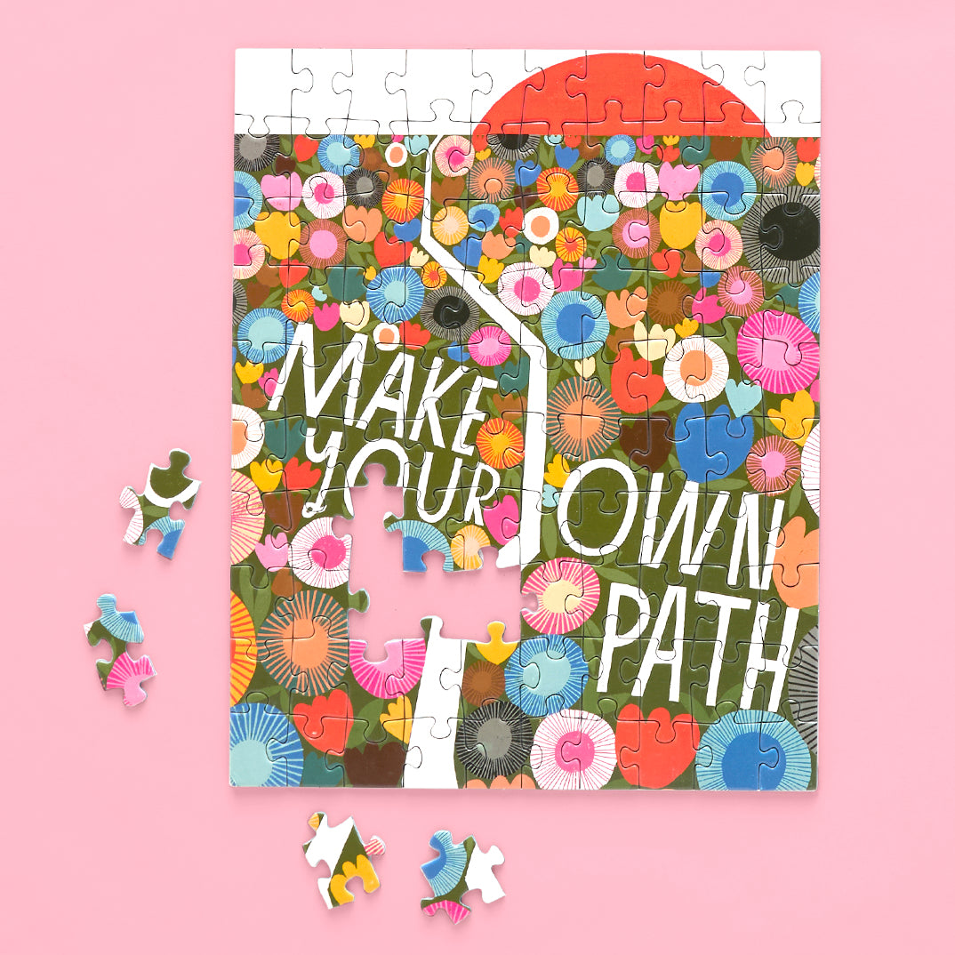 Make Your Own Path 100 Piece Puzzle Snax, art by Lisa Congdon, colorful floral puzzle, travel size puzzles, gifts for kids