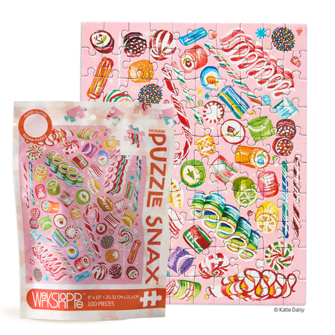Holiday Sweets 100 Puzzle Snax, art by Katie Daisy, christmas puzzle, ribbon candy, puzzles for beginners, jigsaw puzzles for kids