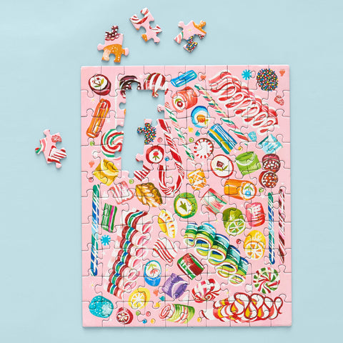 Holiday Sweets 100 Puzzle Snax, art by Katie Daisy, christmas puzzle, ribbon candy, puzzles for beginners, jigsaw puzzles for kids