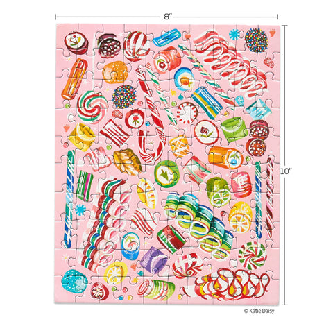 Holiday Sweets 100 Puzzle Snax, art by Katie Daisy, christmas puzzle, ribbon candy, puzzles for beginners, jigsaw puzzles for kids
