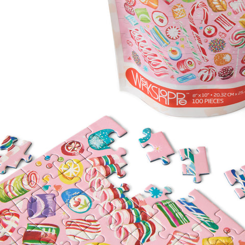 Holiday Sweets 100 Puzzle Snax, art by Katie Daisy, christmas puzzle, ribbon candy, puzzles for beginners, jigsaw puzzles for kids