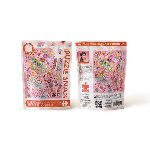 Holiday Sweets 100 Puzzle Snax, art by Katie Daisy, christmas puzzle, ribbon candy, puzzles for beginners, jigsaw puzzles for kids