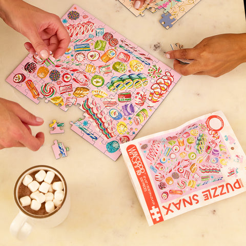 Holiday Sweets 100 Puzzle Snax, art by Katie Daisy, christmas puzzle, ribbon candy, puzzles for beginners, jigsaw puzzles for kids