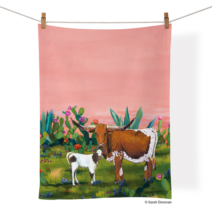 Art by Sarah Donovan, longhorns towel, cows, cool dish towels, cotton kitchen towels,
colorful towels, unique dish towels,