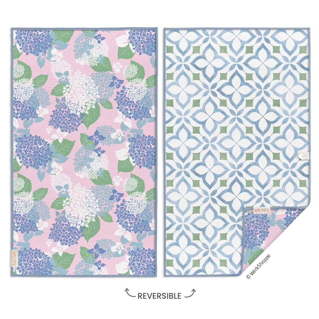 hydrangea kitchen towel, floral print, eco-friendly microfiber towels, ultra-absorbent, quick drying, garden lovers