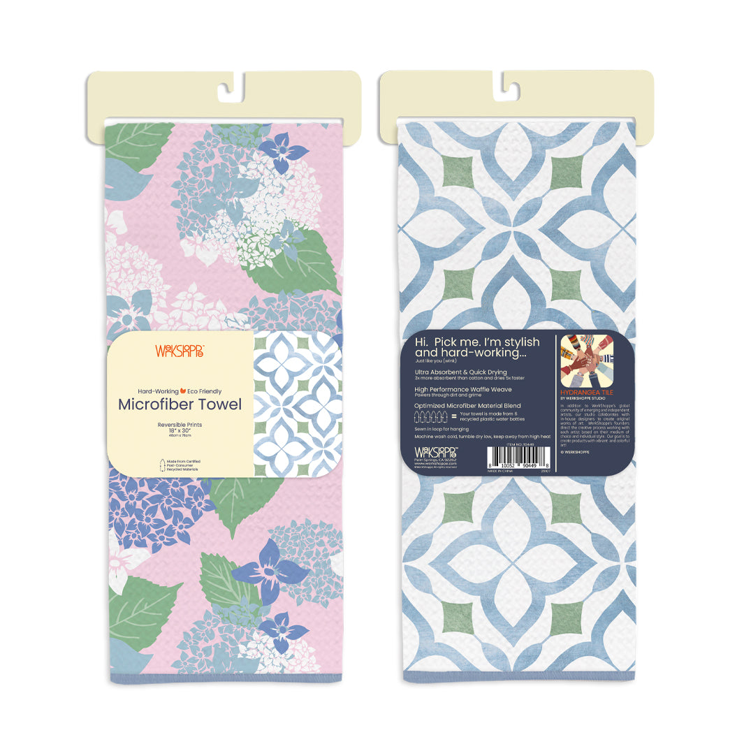 hydrangea kitchen towel, floral print, eco-friendly microfiber towels, ultra-absorbent, quick drying, garden lovers