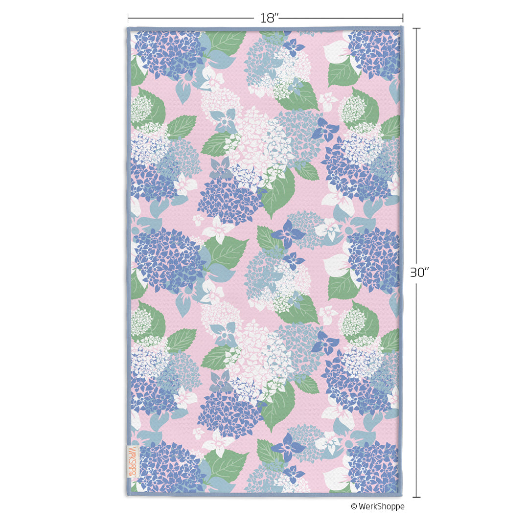 hydrangea kitchen towel, floral print, eco-friendly microfiber towels, ultra-absorbent, quick drying, garden lovers