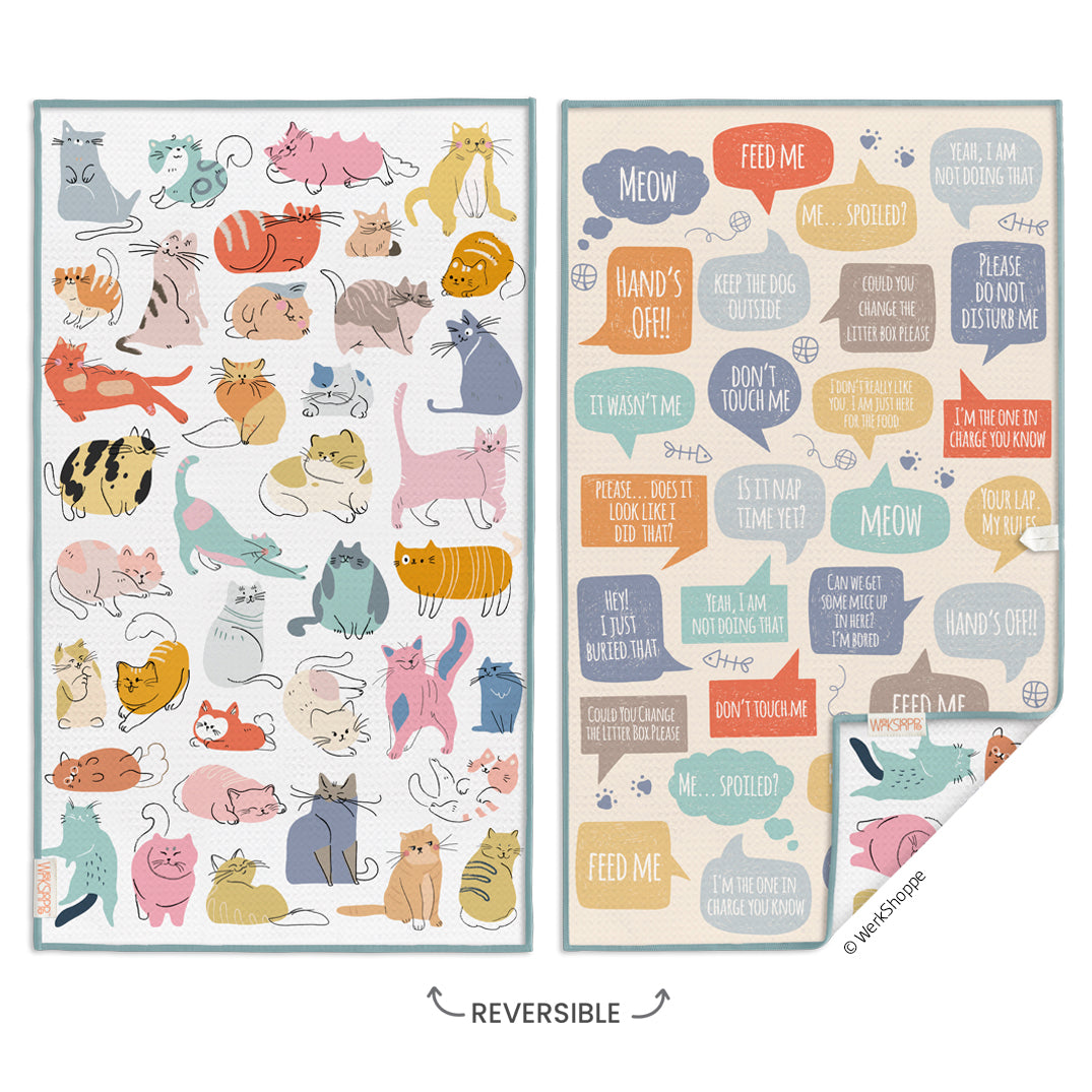 If Cats Could Talk, animal lovers, cats, reversible microfiber towels, artistic kitchen towels, kitchen towels
eco-friendly microfiber towels, ultra-absorbent, quick drying