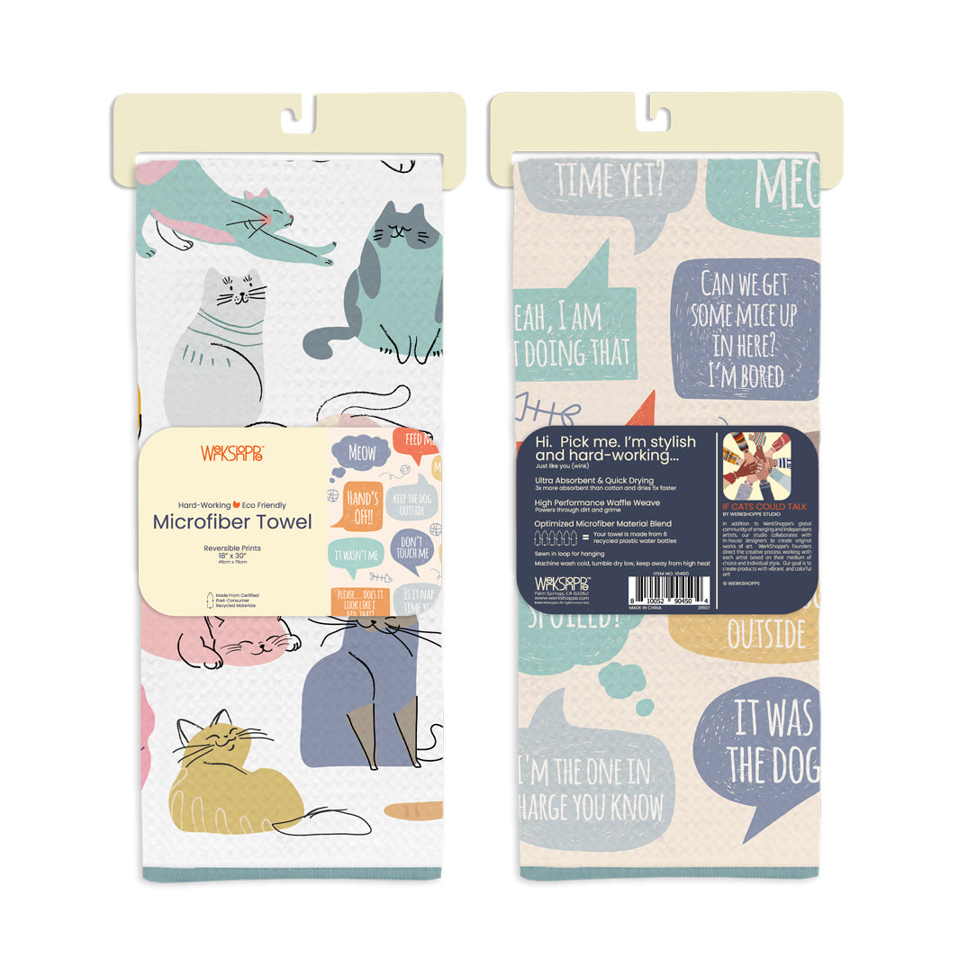 If Cats Could Talk, animal lovers, cats, reversible microfiber towels, artistic kitchen towels, kitchen towels
eco-friendly microfiber towels, ultra-absorbent, quick drying