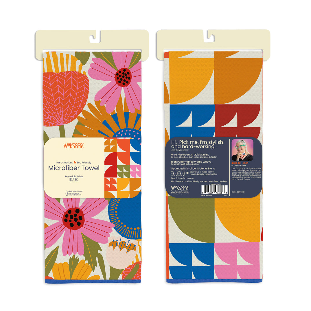 Art by Lisa Congdon, jolie fleurs, floral towel, retro pattern, eco-friendly microfiber towels, ultra-absorbent, best kitchen towels, microfiber tea towels, artist designed kitchen towels 