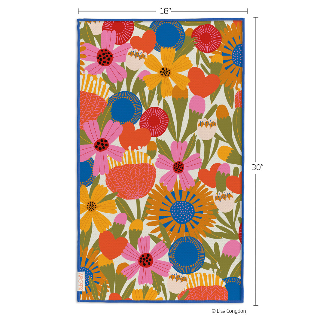 Art by Lisa Congdon, jolie fleurs, floral towel, retro pattern, eco-friendly microfiber towels, ultra-absorbent, best kitchen towels, microfiber tea towels, artist designed kitchen towels 