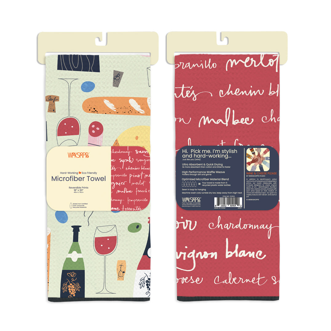 Wine & Cheese Please Microfiber Kitchen Towel, wine lovers, cheese lovers, eco-friendly microfiber towels, ultra-absorbent, quick drying