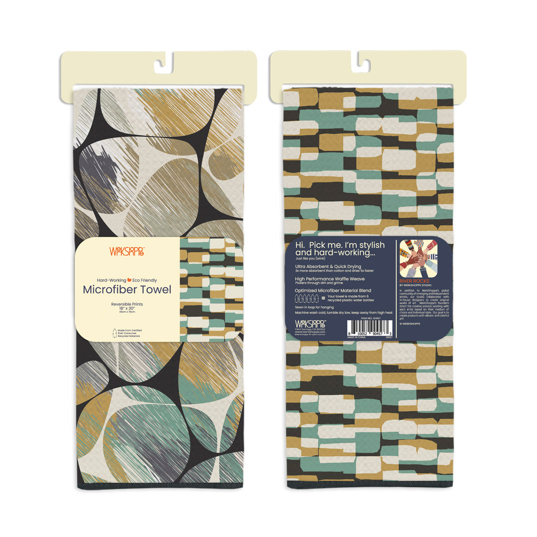 river rocks microfiber towel, retro design, reversible microfiber towels, artistic kitchen towels, designed by WerkShoppe