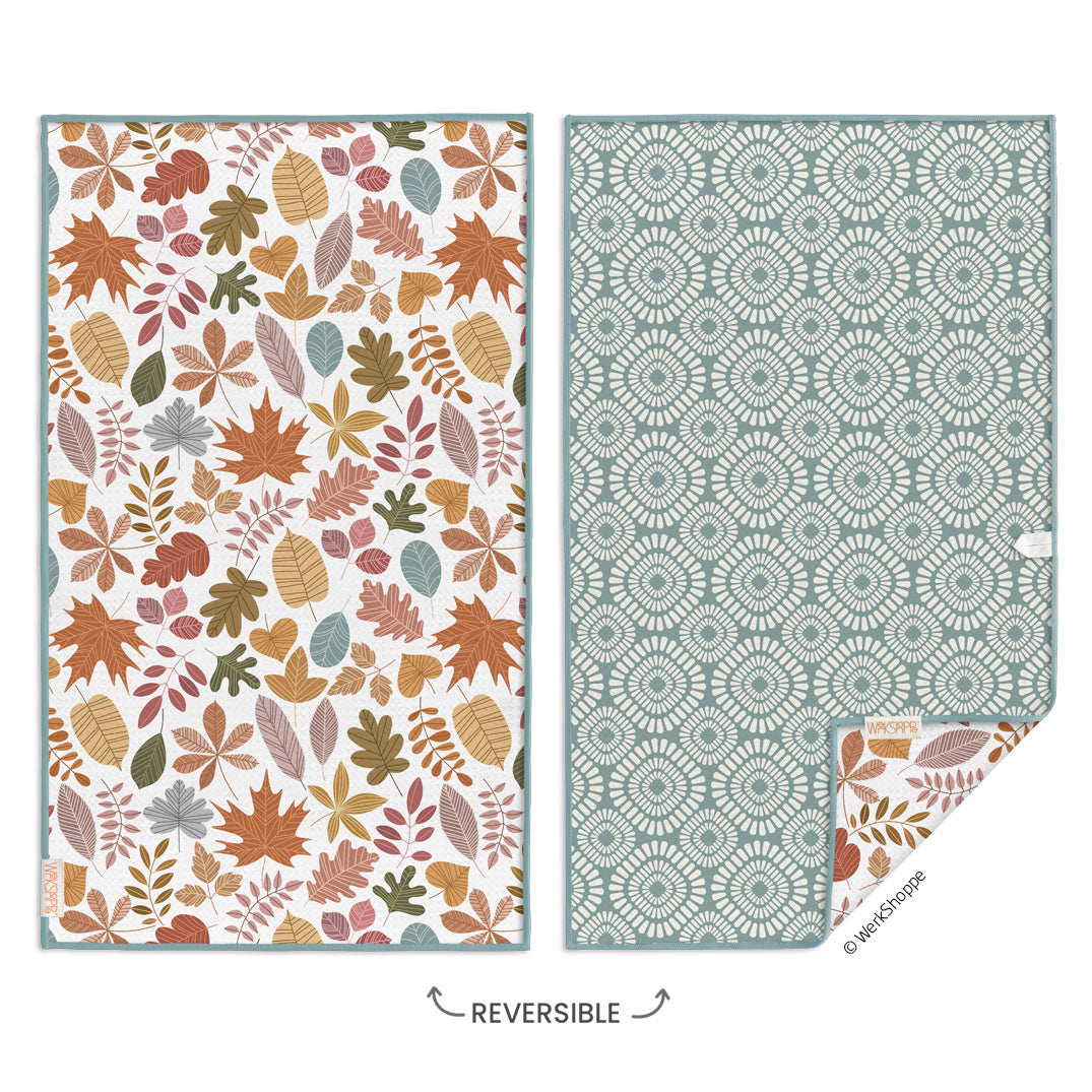 leaf impressions, fall leaves, reversible microfiber towels, artistic kitchen towels, kitchen towels
eco-friendly microfiber towels, ultra-absorbent, quick drying