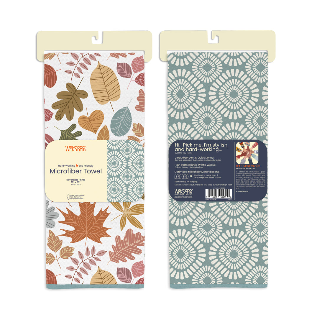 leaf impressions, fall leaves, reversible microfiber towels, artistic kitchen towels, kitchen towels
eco-friendly microfiber towels, ultra-absorbent, quick drying