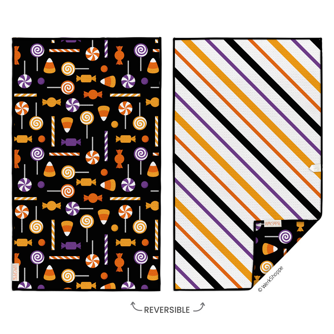 Halloween treats, halloween candy, holiday kitchen towels, best kitchen towels, microfiber tea towels, artist designed kitchen towels, striped pattern