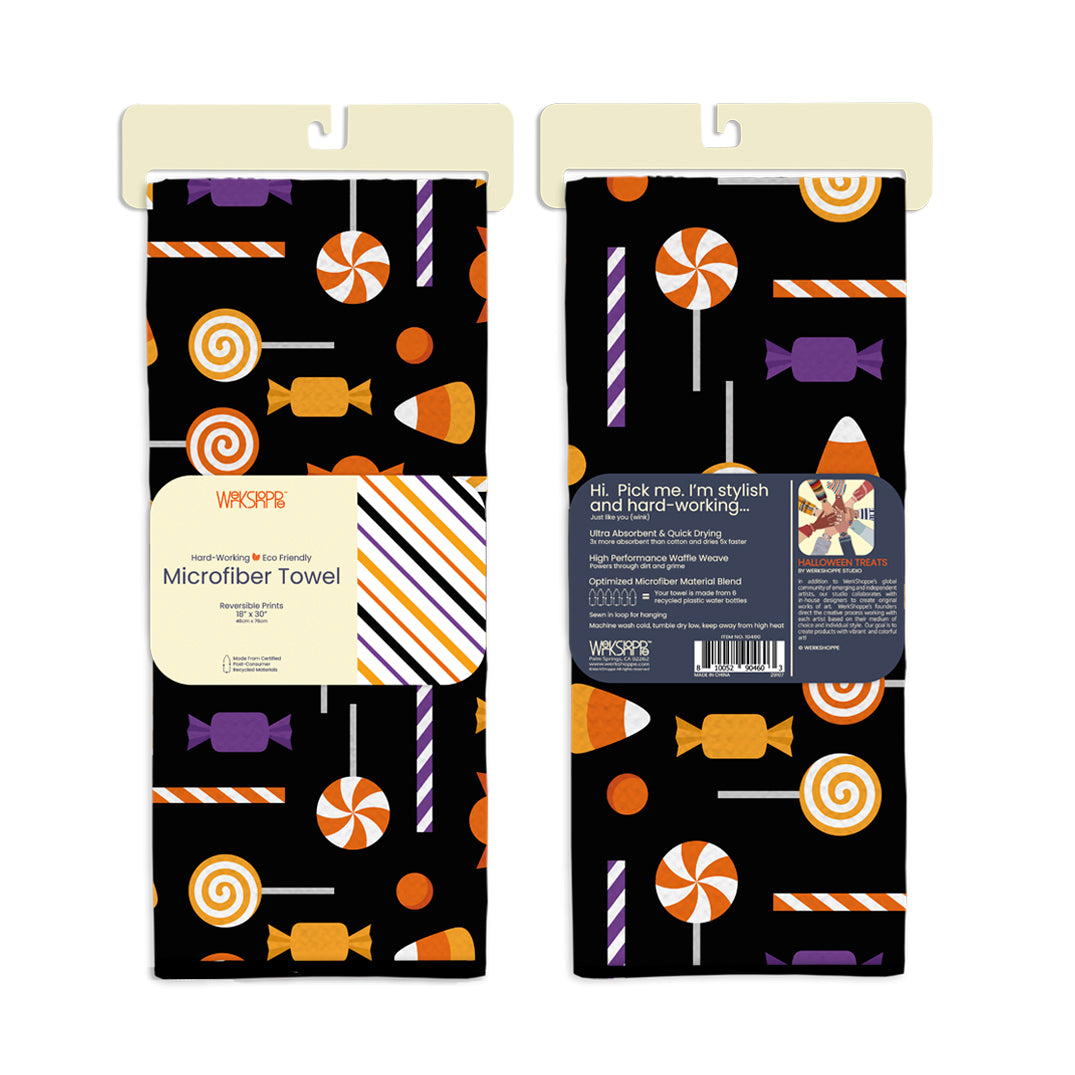 Halloween treats, halloween candy, holiday kitchen towels, best kitchen towels, microfiber tea towels, artist designed kitchen towels, striped pattern