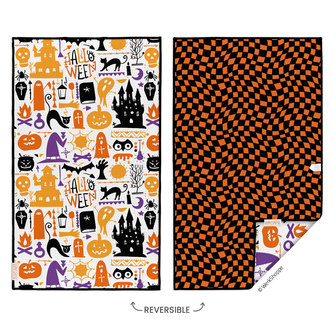 Halloween icons towel, halloween, checkered print, reversible microfiber towels, artistic kitchen towels, kitchen towels
eco-friendly microfiber towels, ultra-absorbent, quick drying