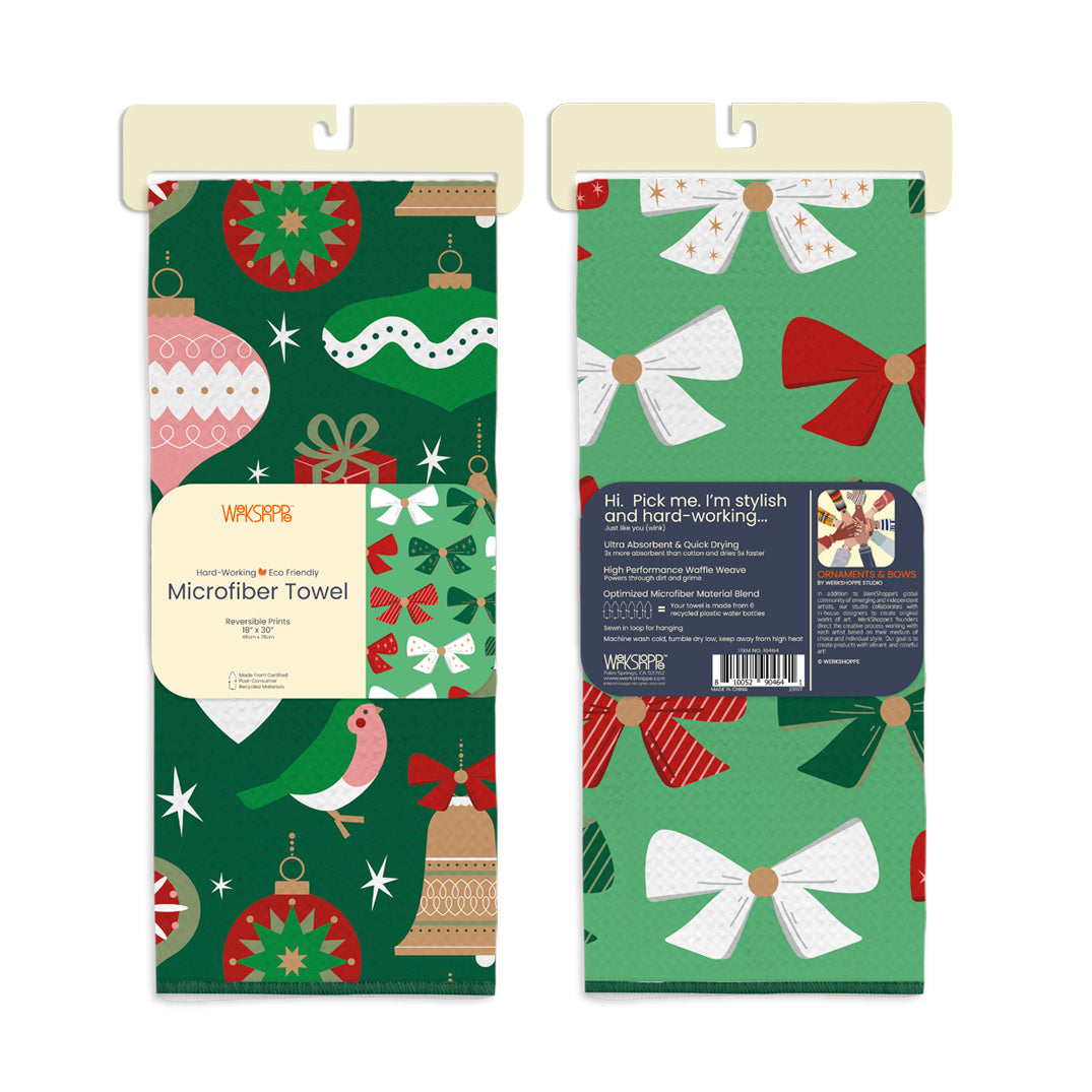 Ornaments & Bows Microfiber Towel, christmas, holiday, red & green, reversible microfiber towels, artistic kitchen towels, kitchen towels
eco-friendly microfiber towels