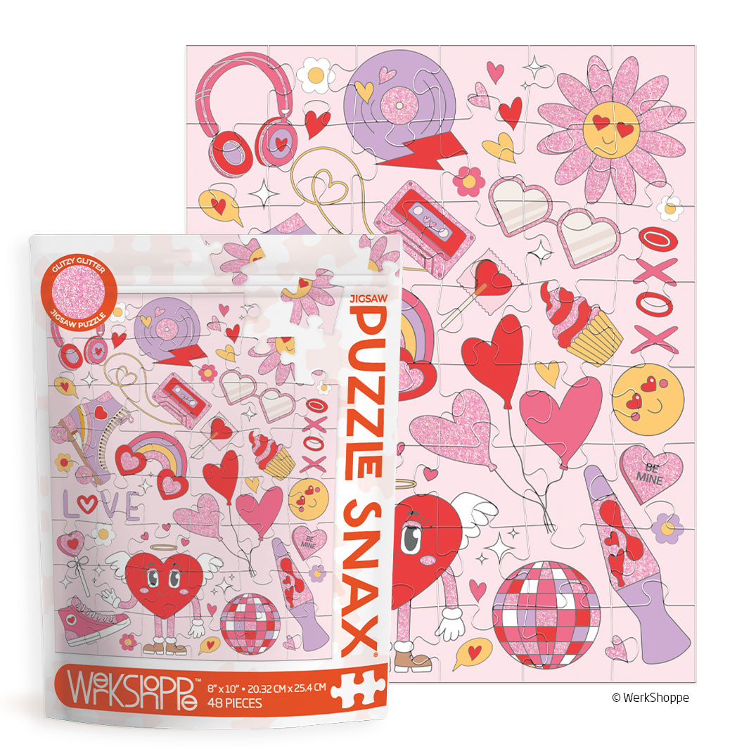 Love That Groove 48 Piece Puzzle Snax, disco themed puzzle for kids, travel puzzle, pink and red groovy puzzle