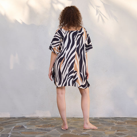 Zebra Print Halftan, black white & tan caftan, Half-length caftan, 
pool & beach cover-up, kaftan, loungewear, resortwear