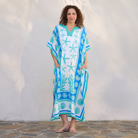 Sea La Vie Caftan, pool & beach cover up, artist designed caftan, kaftan beach coverup, resortwear