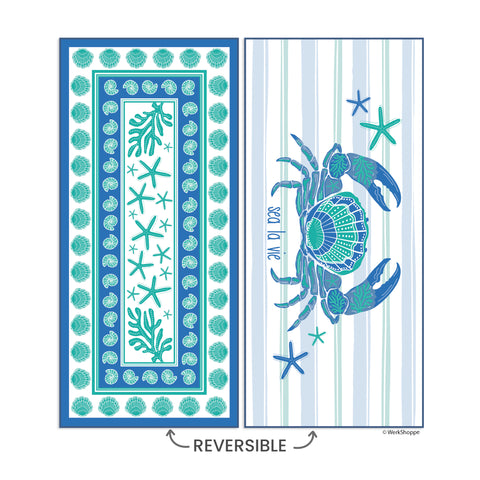 Sea La Vie GO BIG Towel, crab & seashell towel, best microfiber beach towel, artist designed towels