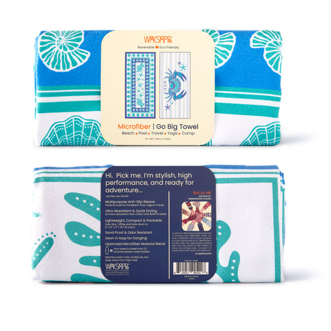 Sea La Vie GO BIG Towel, crab & seashell towel, best microfiber beach towel, artist designed towels